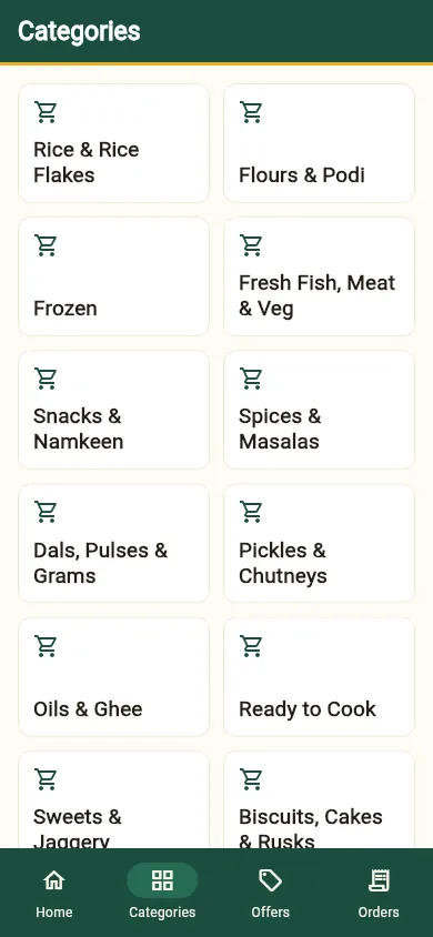 Ente Keralam, Customer app: The customer app's category screen, loading the same aisles from the same API as the website.