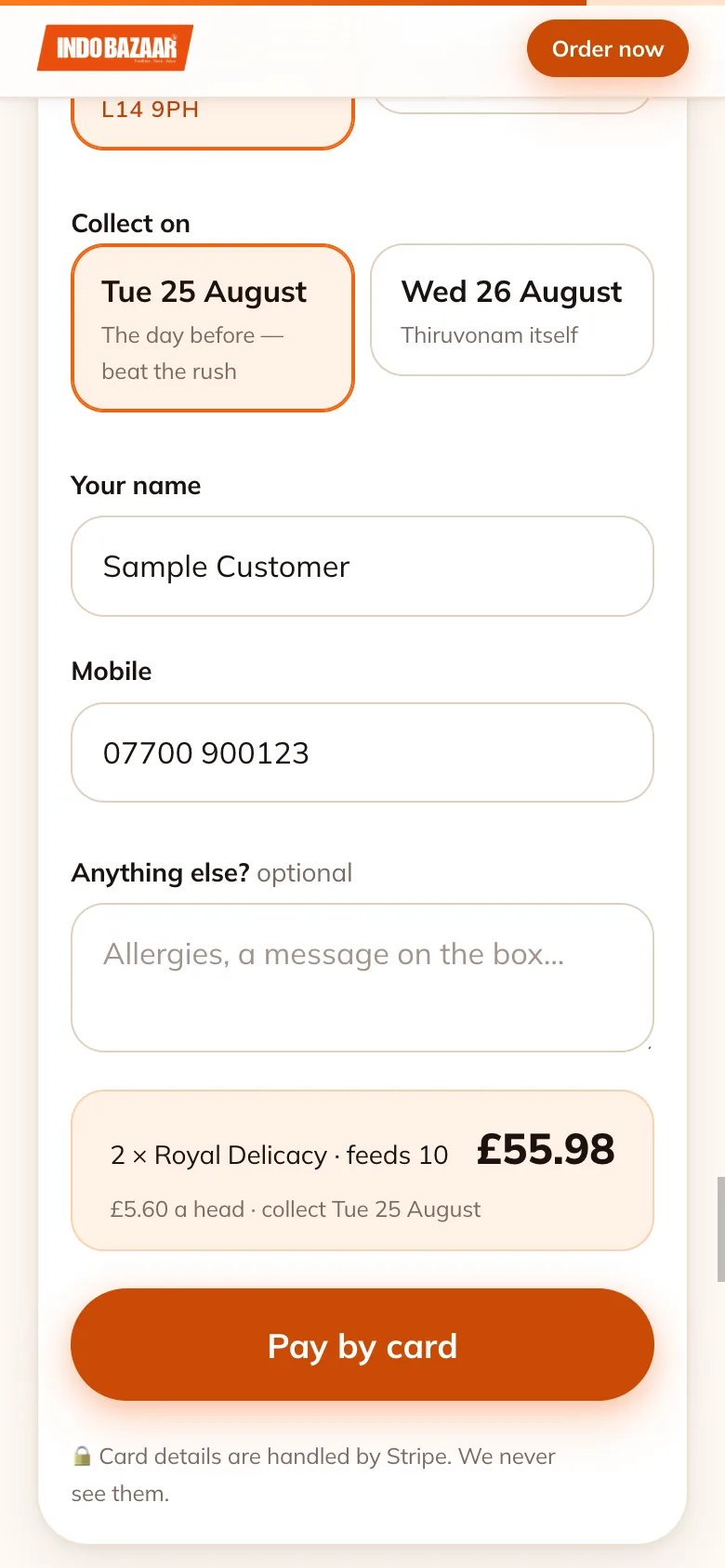 Onam 2026, Checkout step on a phone: The order summary and pay-by-card button on a phone.