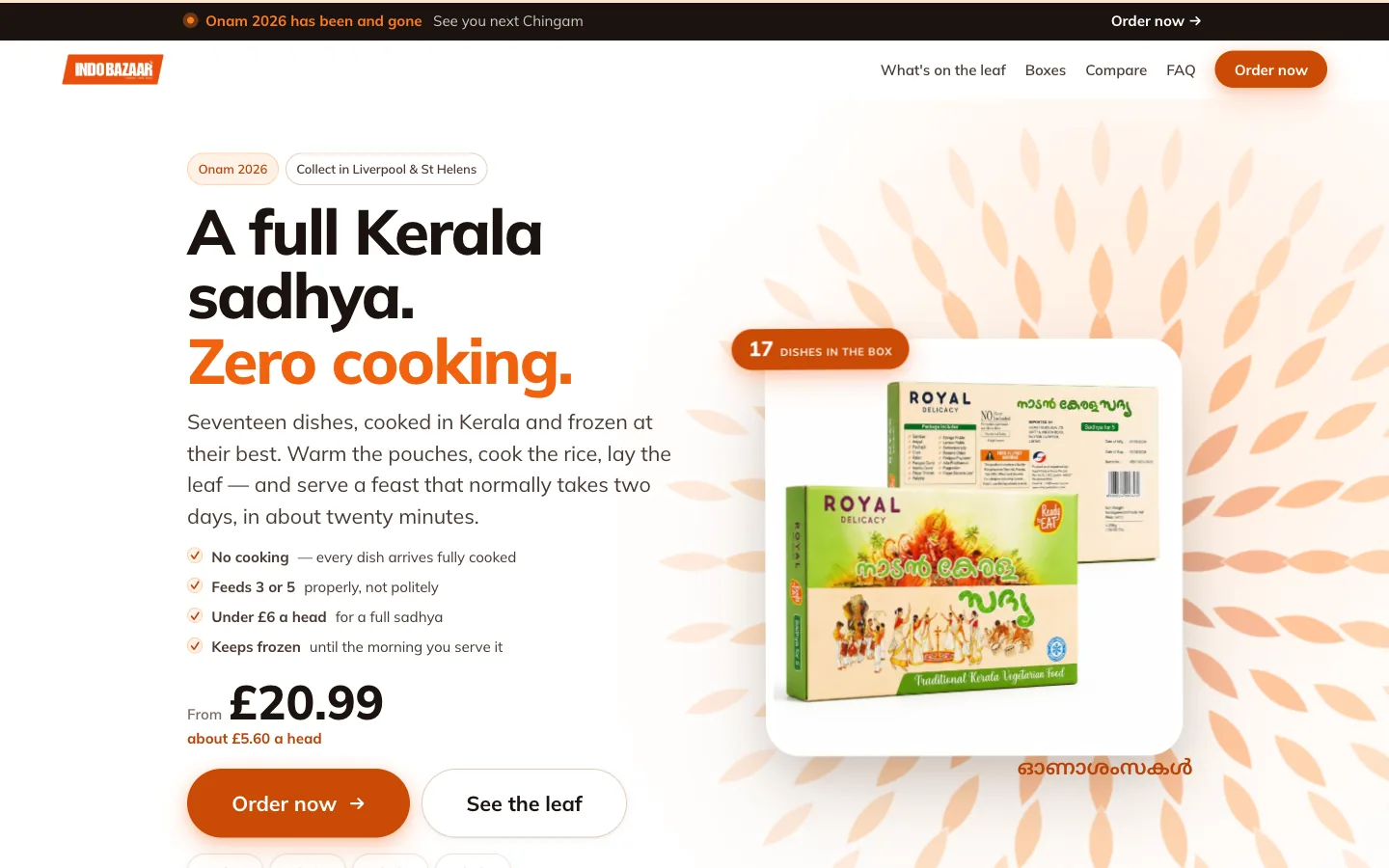 Onam 2026, After the season: The same page after the order window shut: the countdown bar switches to 'Onam 2026 has been and gone'.