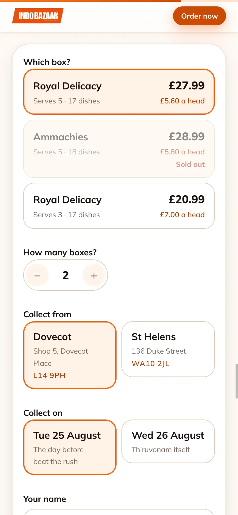 Onam 2026, Order form on a phone: Choosing a box, quantity, shop and day on a phone.