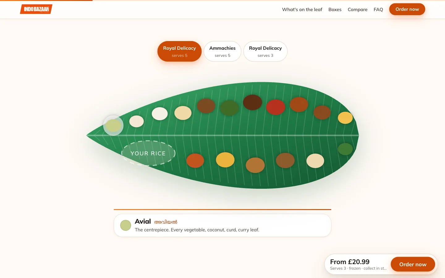 Onam 2026, The sadhya leaf: An interactive banana leaf that lays out every dish in the chosen box in serving order; tapping a dish explains it.