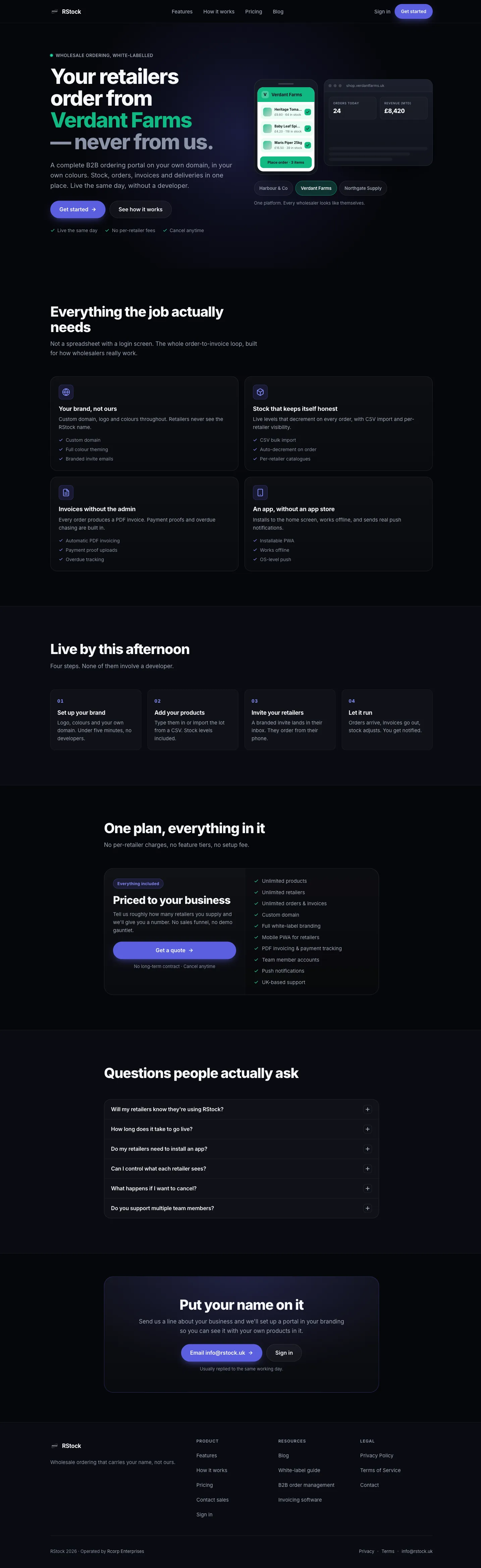 RStock, Marketing site: The RStock landing page, with a hero that cycles through example wholesaler brands.