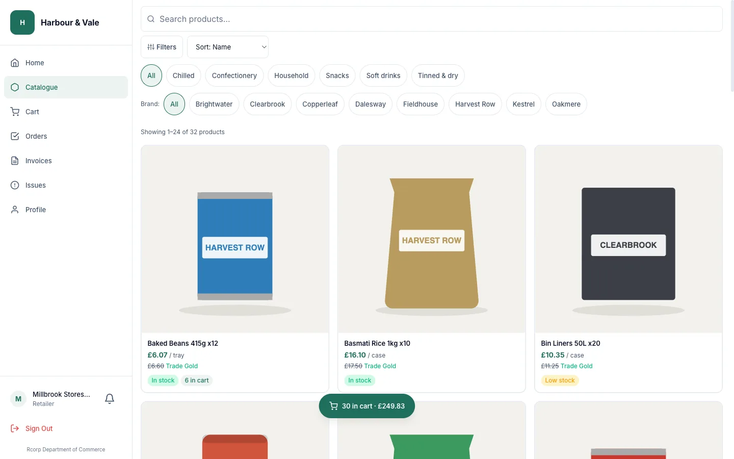RStock, Retailer catalogue: The catalogue a retailer orders from, showing its trade-tier price against list price and stock for each line.