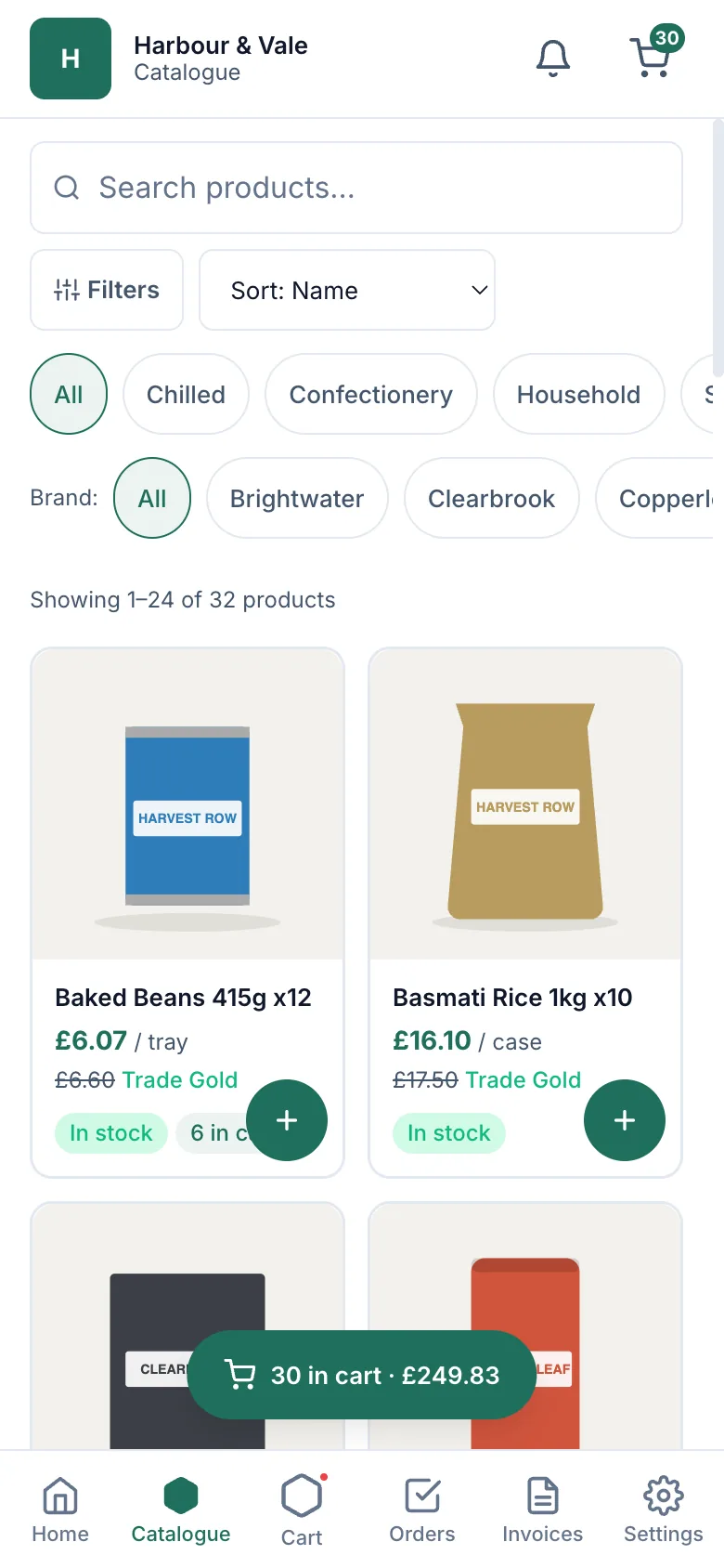 RStock, Ordering on a phone: The same catalogue as a shop owner uses it on a phone, with a running basket total.