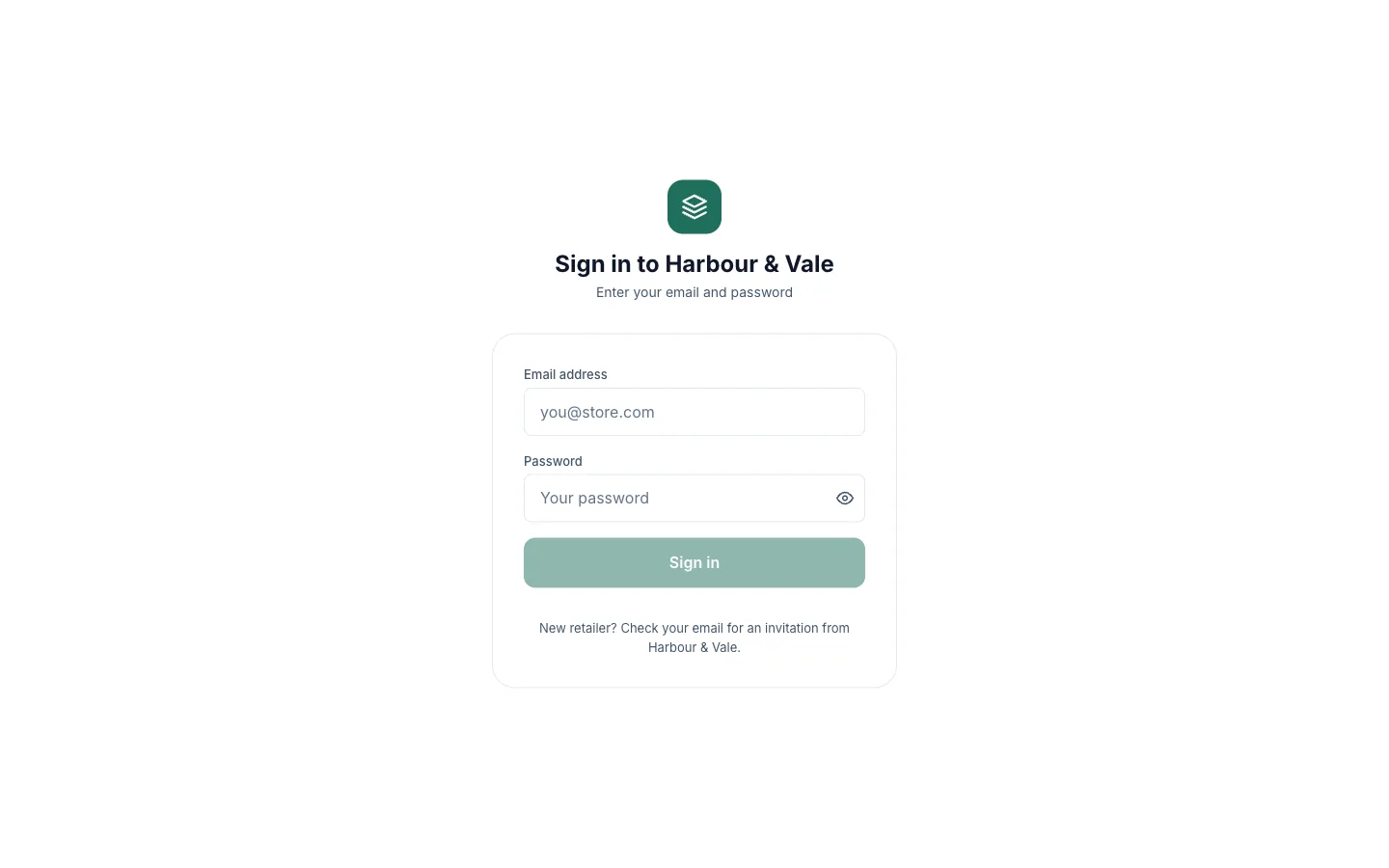 RStock, Branded retailer sign-in: The retailer portal on the wholesaler's own subdomain, in the wholesaler's name and colour rather than RStock's.