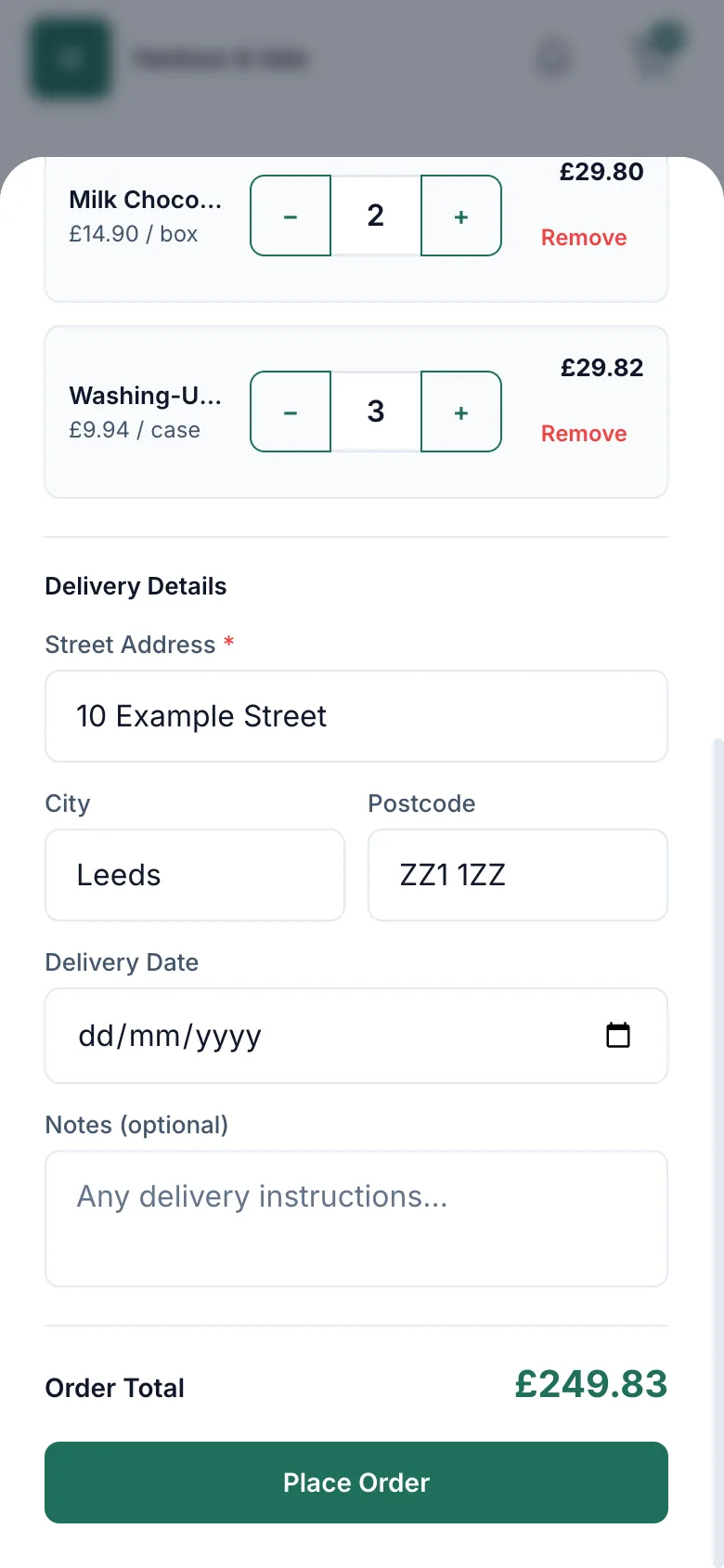 RStock, Placing the order: The bottom of the basket: delivery details, order total and the place-order button.