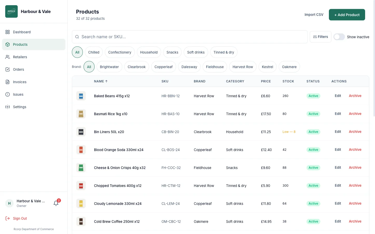 RStock, Products and stock: The wholesaler's product list with SKU, brand, price and live stock, flagging low-stock lines.