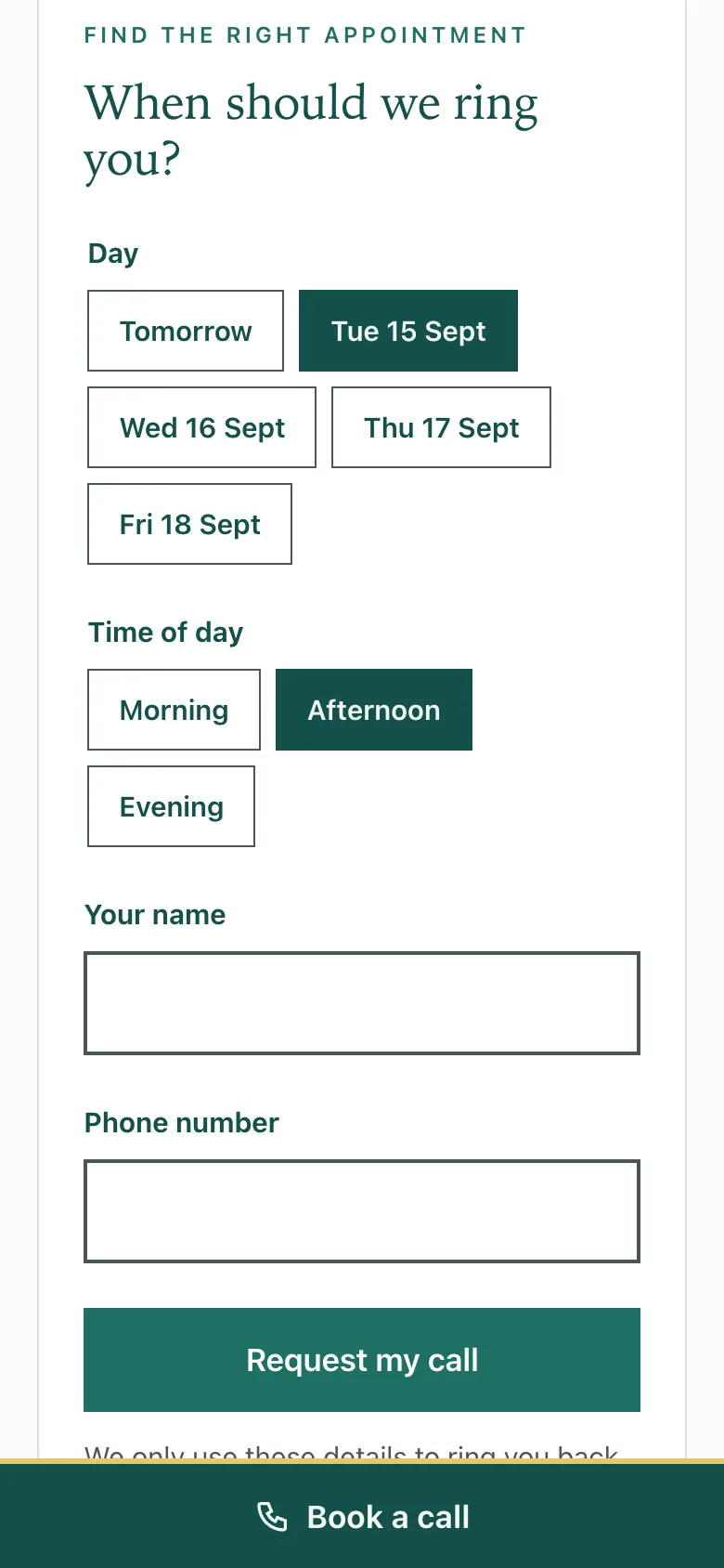 Stanley & Thomas, Book a call on a phone: Choosing when to be rung back on a phone: day and time of day as large buttons, then a name and number.