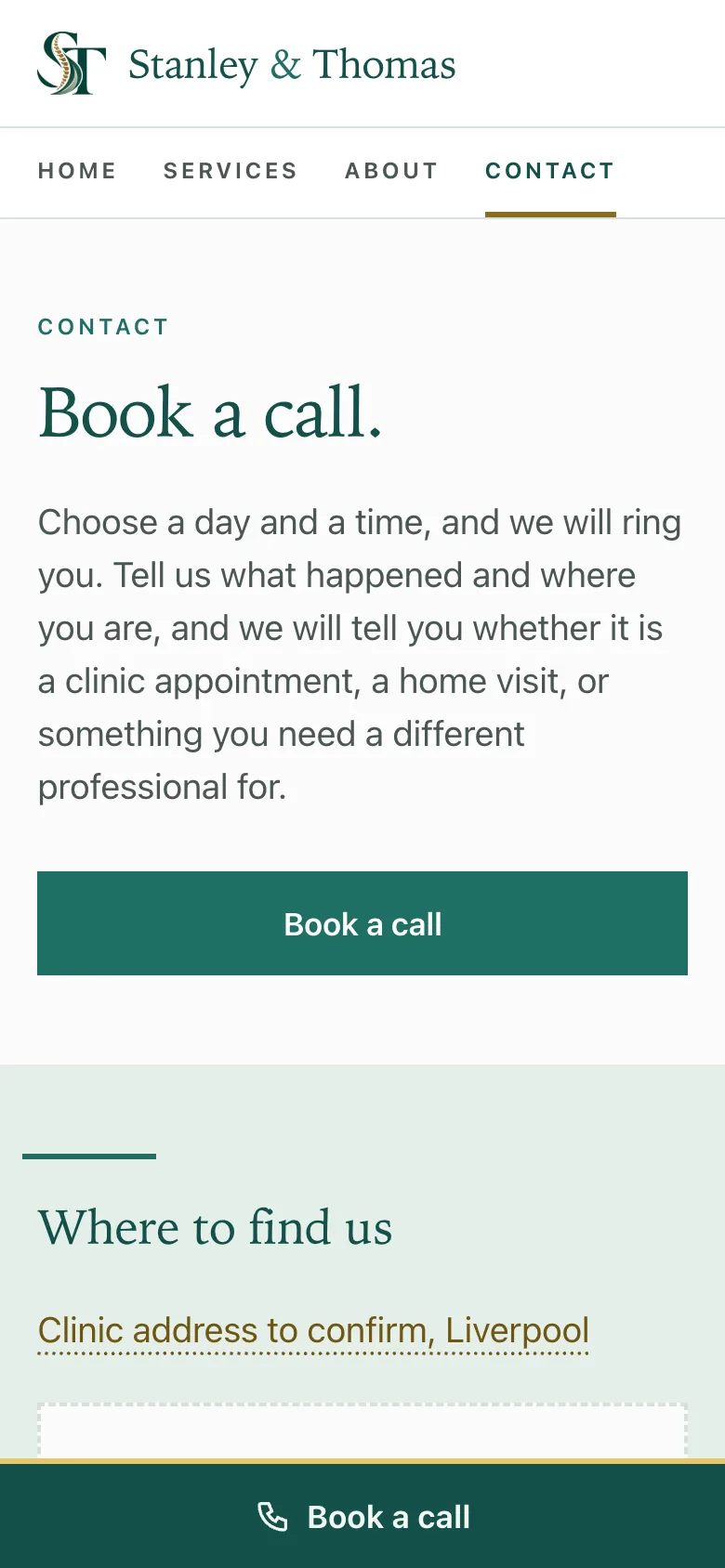 Stanley & Thomas, Contact on a phone: The contact page at phone width, with the trader details the clinic still has to confirm shown openly in the footer.