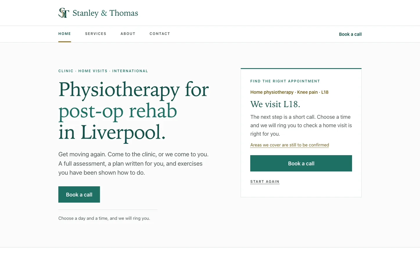 Stanley & Thomas, Appointment finder: home visit: Three taps in, the finder has checked a postcode district against the home-visit area and hands over to booking a call.