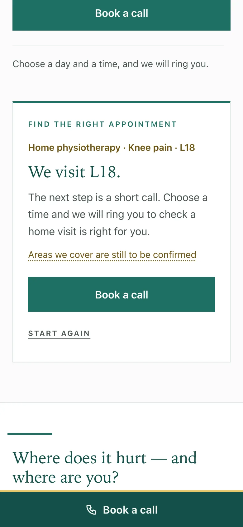 Stanley & Thomas, Home-visit check on a phone: The postcode check result on a phone: the clinic visits this district, so the next step is a short call.