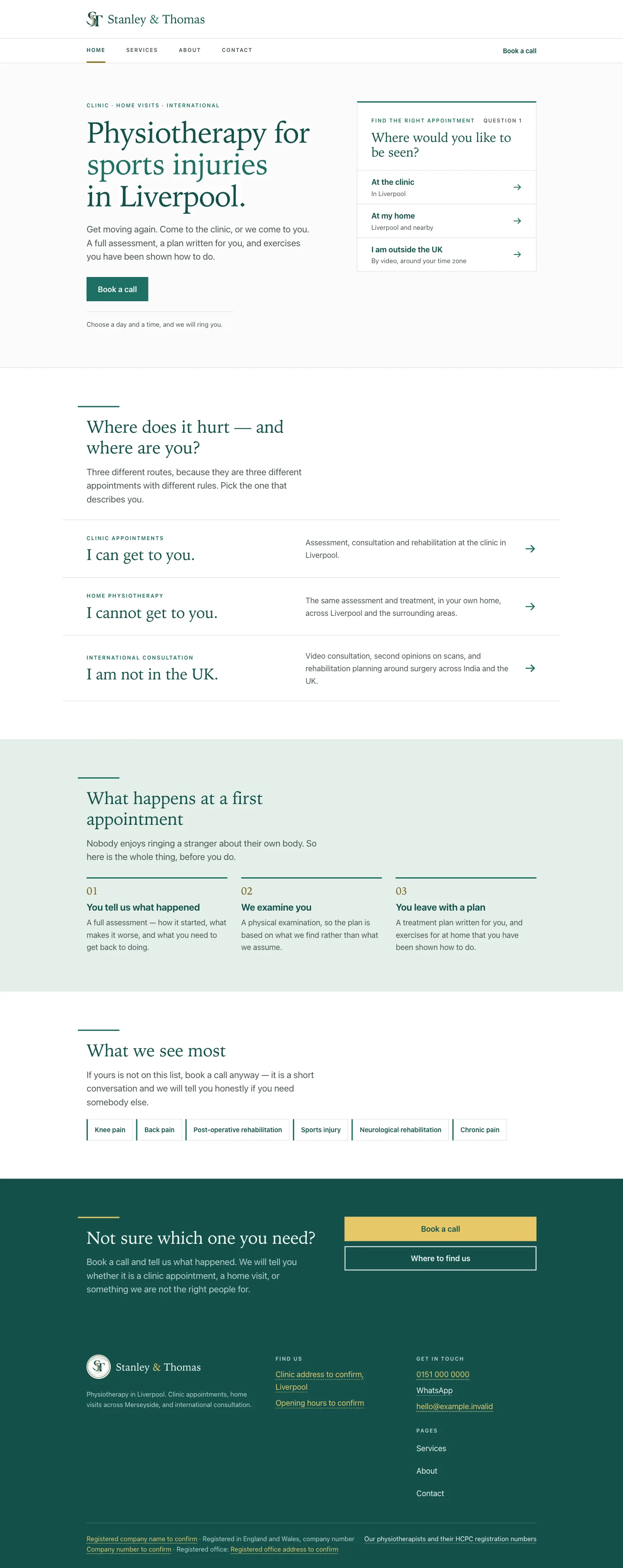 Stanley & Thomas, Homepage: The homepage hero: a rotating headline beside an appointment finder that starts by asking where the patient wants to be seen.
