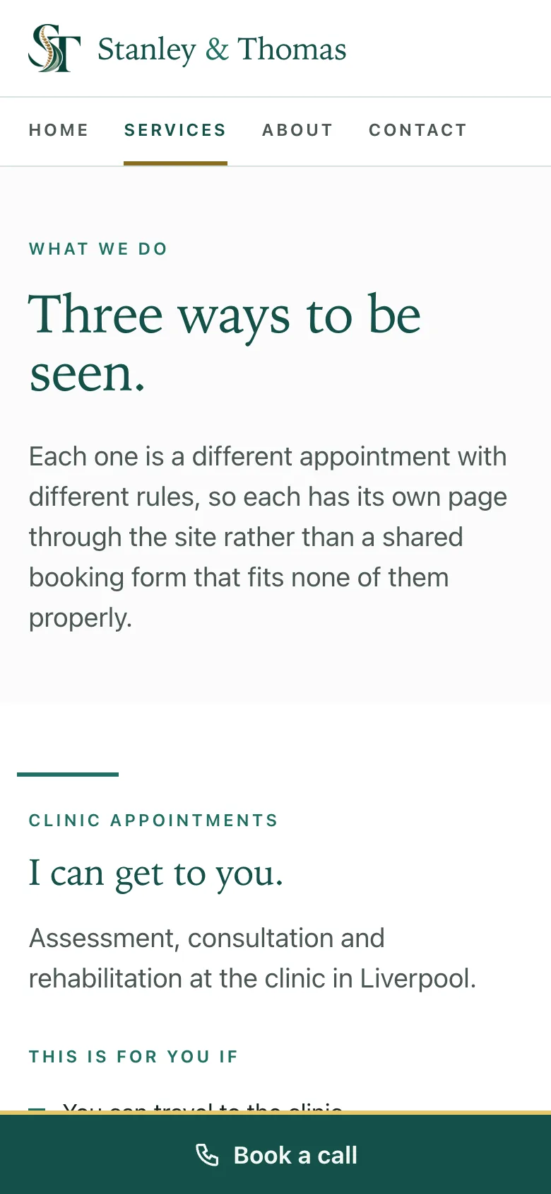 Stanley & Thomas, Services on a phone: The services page at phone width, written in the patient's voice: I can get to you, I cannot get to you, I am not in the UK.