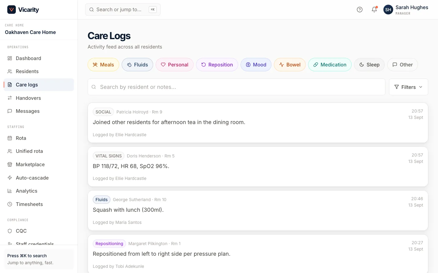 Vicarity, Care logs: The activity feed of care recorded against every resident, filterable by meals, fluids, repositioning, medication and more.