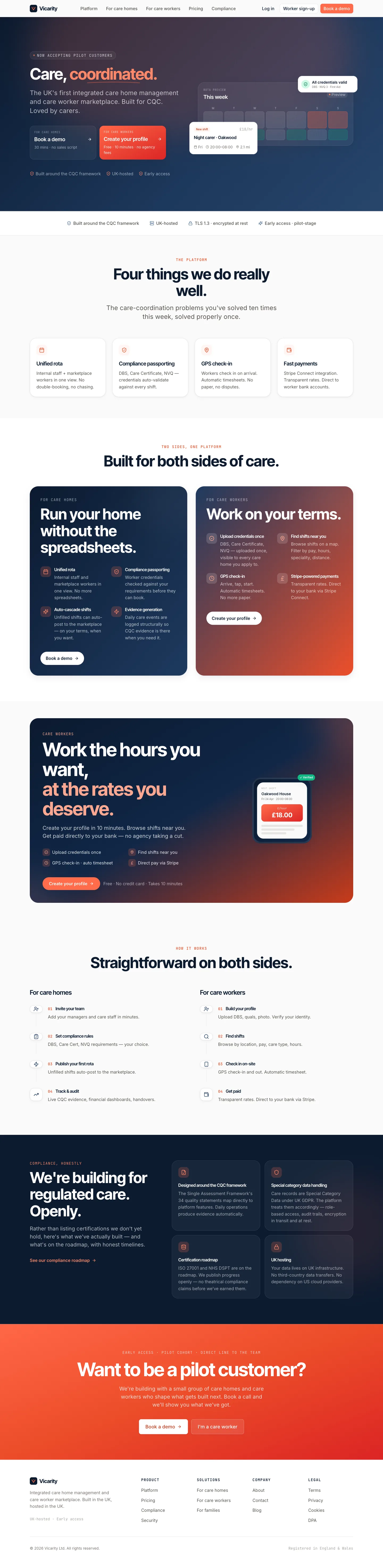 Vicarity, Marketing site: The public landing page, pitching one platform for care homes and the care workers who staff them.