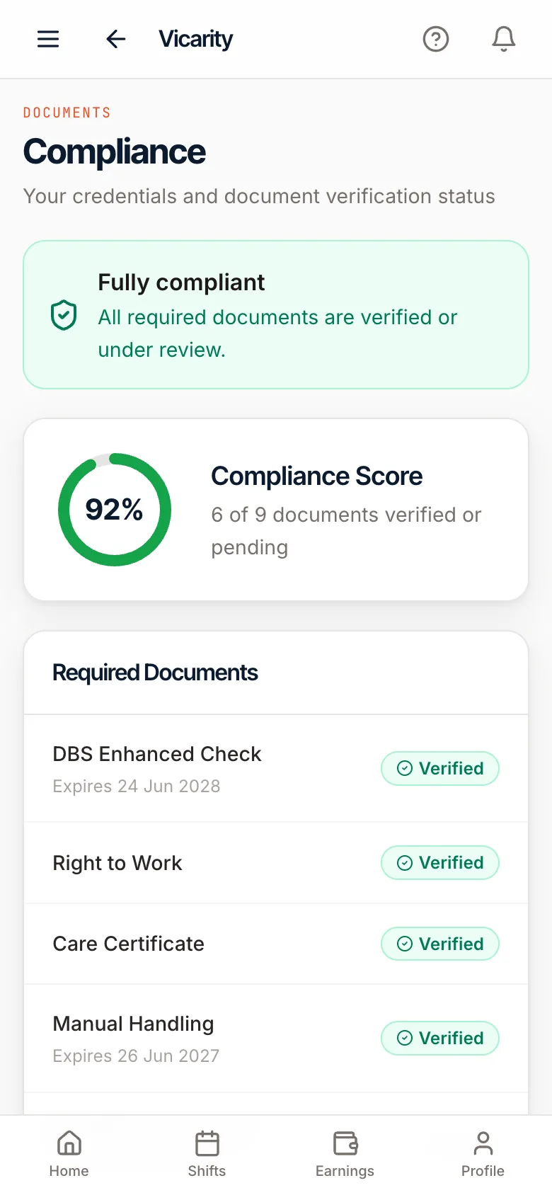 Vicarity, Worker credentials: The worker's compliance passport: DBS, Right to Work and training, verified once and checked against every shift.