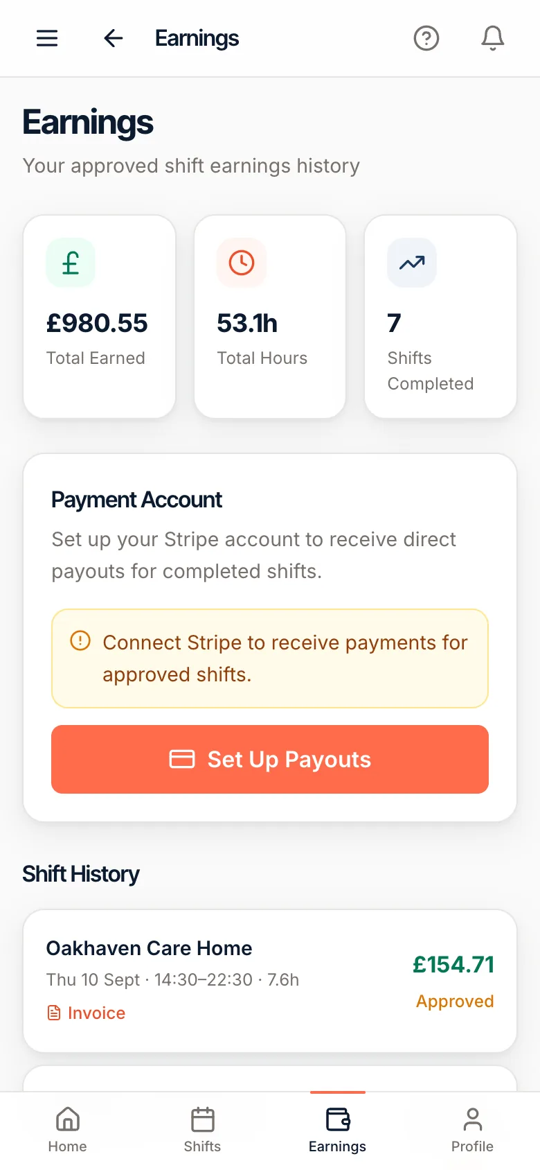 Vicarity, Worker earnings: Approved shift earnings and hours, with the payout account set-up and per-shift invoices.