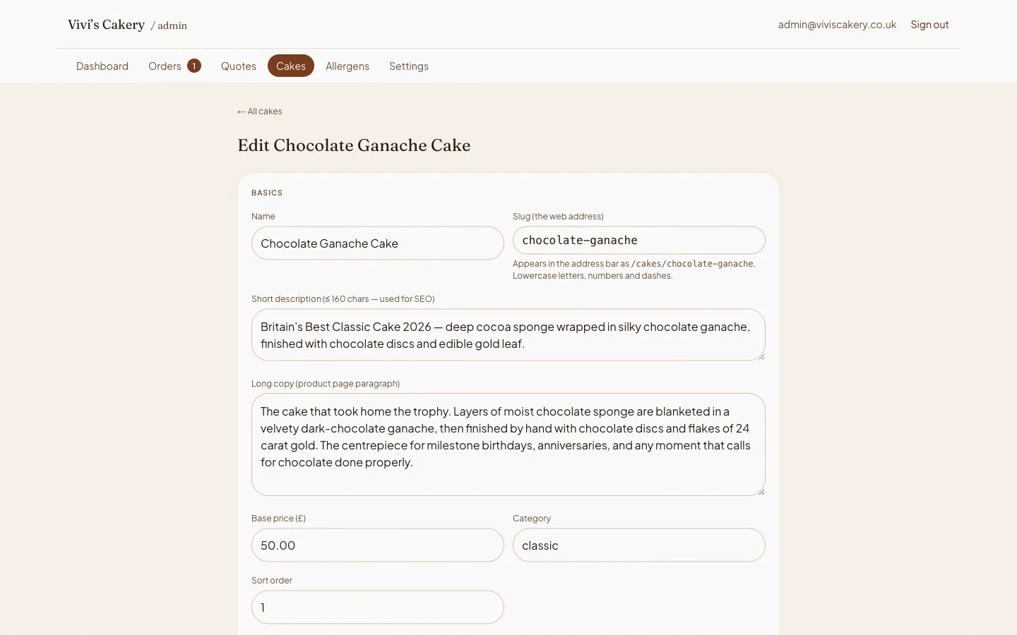 Vivi's Cakery, Cake editor: Editing a menu cake: copy, price, visibility, photo upload with alt text, and priced size options.