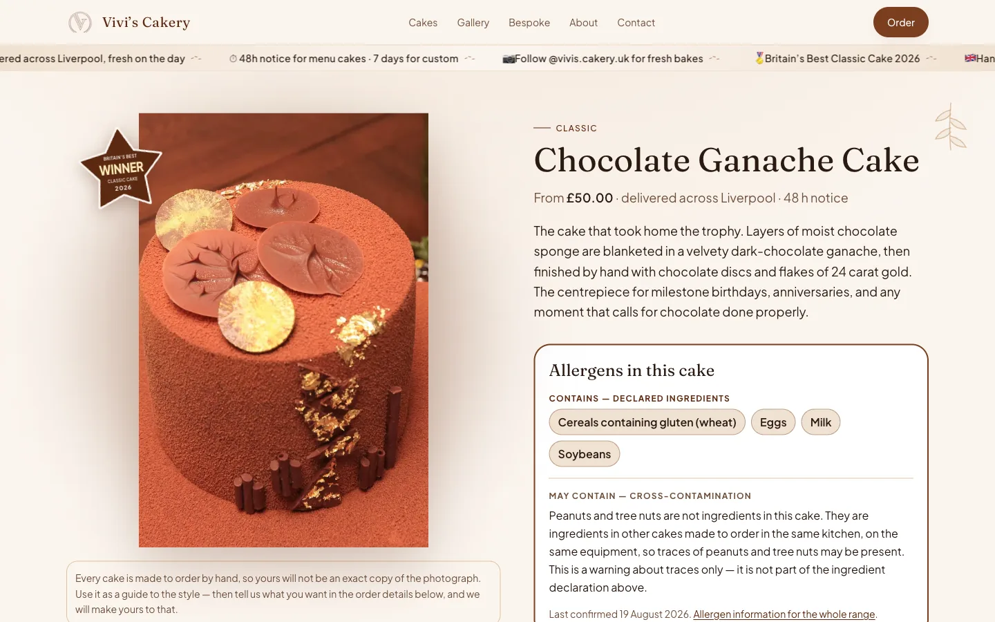 Vivi's Cakery, Cake page and order form: A cake page with its allergen declaration, size options and the order form filled in with demo details, ready to hand off to Stripe (not submitted).