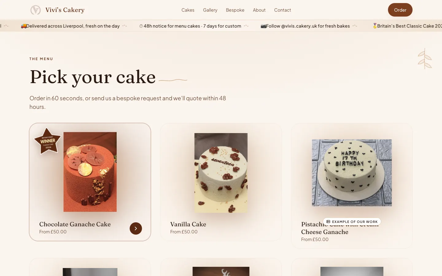 Vivi's Cakery, Cake menu: The nine-item menu with prices, the winning cake marked, and photos labelled when they show an example rather than that exact cake.