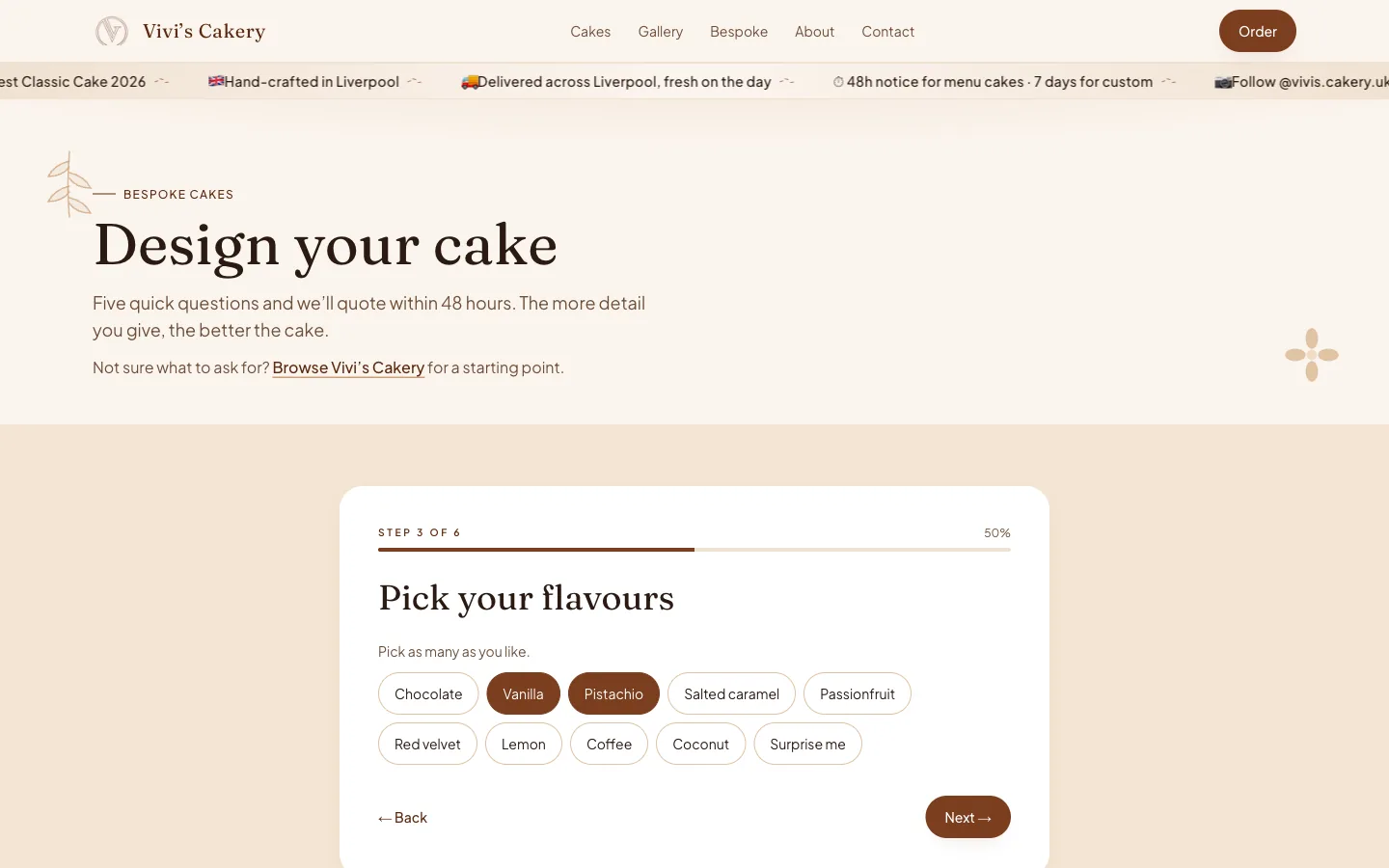 Vivi's Cakery, Bespoke quote: The six-step bespoke cake request, here at the flavour step for a demo wedding enquiry (not submitted).