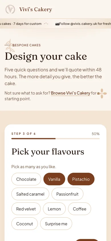 Vivi's Cakery, Bespoke quote: The bespoke request on a phone, choosing flavours with a progress bar across the top.