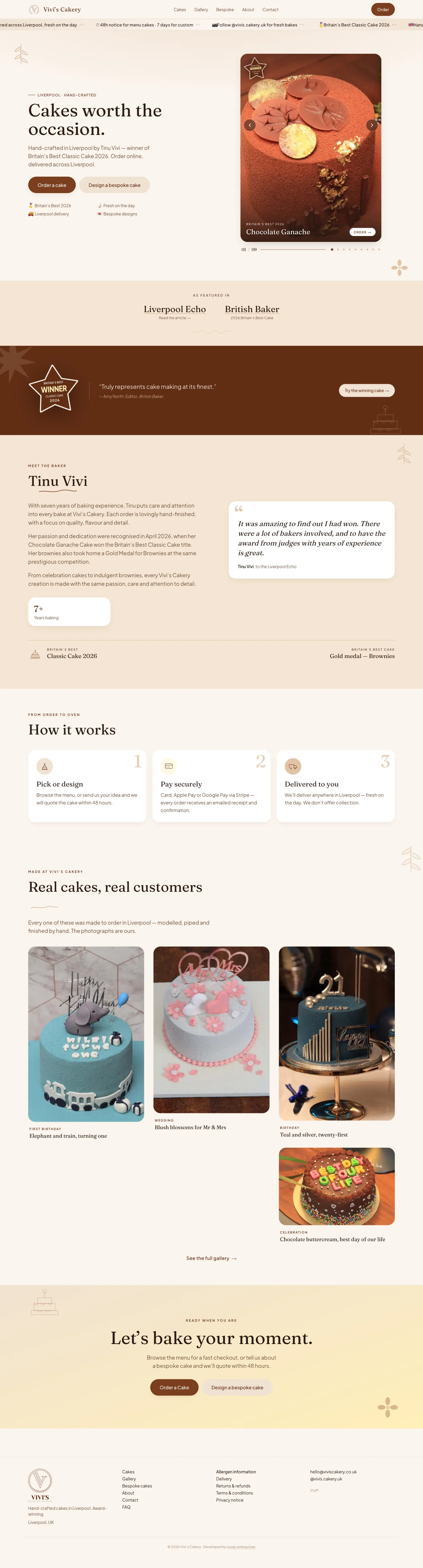 Vivi's Cakery, Home: The homepage, leading with the Britain's Best Classic Cake 2026 win and a carousel of the menu cakes.