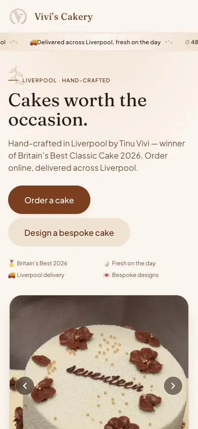 Vivi's Cakery, Home: The same homepage on a phone, with the order and bespoke buttons above the fold.