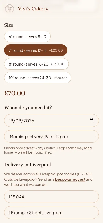 Vivi's Cakery, Ordering step: Picking a size, a delivery date and slot, and a Liverpool postcode before paying.